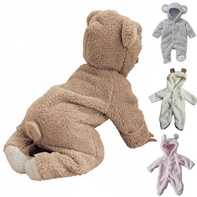 Baby Boy Girl Warm Bear Hooded Fluffy Romper One Piece Pyjamas Jumpsuit Clothes