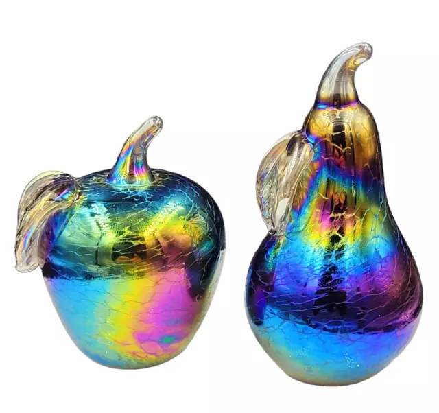 Neo Art Glass handmade purple apple & pear paperweight sculptures by K.Heaton