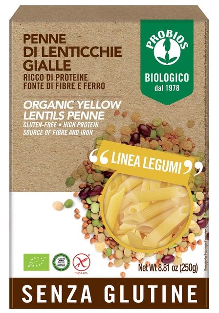 Probios Penne lenti gialle 100% bio vegane senza glutine 12 x 250 g NUOVE MHD 02/07/24