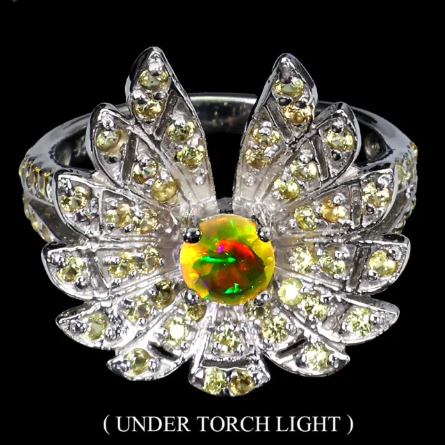 Unheated Round Fire Opal 5mm Sapphire Diamond Cut 925 Sterling Silver Ring 8.5