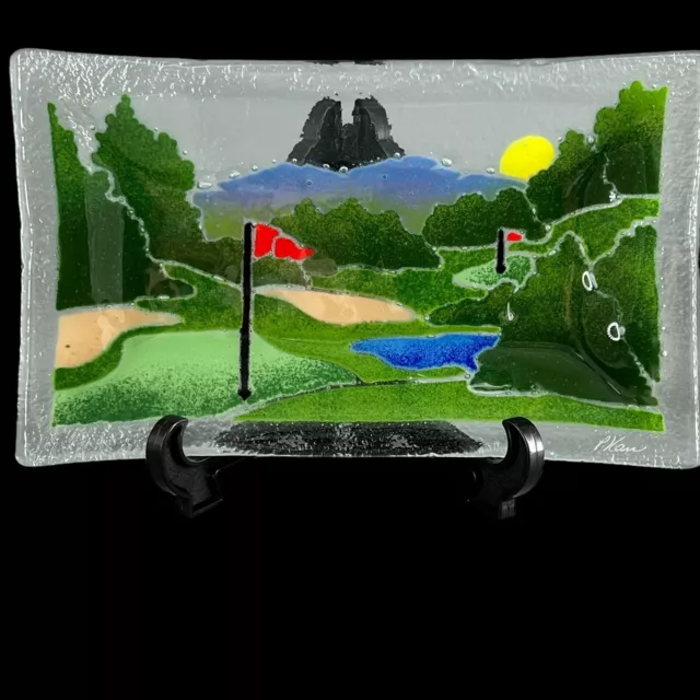 Peggy Karr Fused Art Glass Golf Tray Signed Plate Platter Trinket Dish