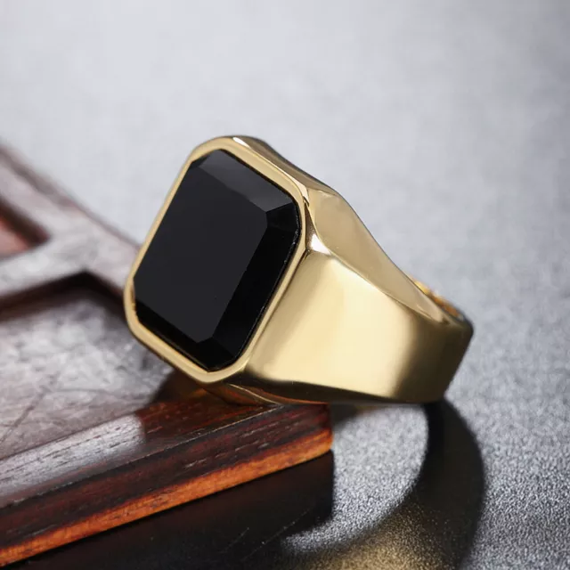 Black Onyx Square Signet Ring for Men Women Silver Stainless Steel Size 7-12