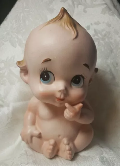 Vintage 1950s Lefton Baby Kewpie Doll Planter Vase Japan Big Eyes Blue Bisque 7”