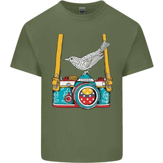 T-shirt top fotocamera con un fotografo di uccellini fotografia da uomo cotone 8