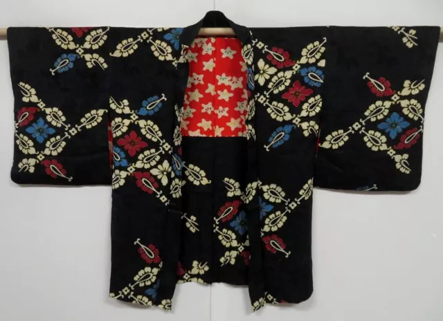 0604i09z450 Vintage Japanese Kimono Silk HAORI Black Flower