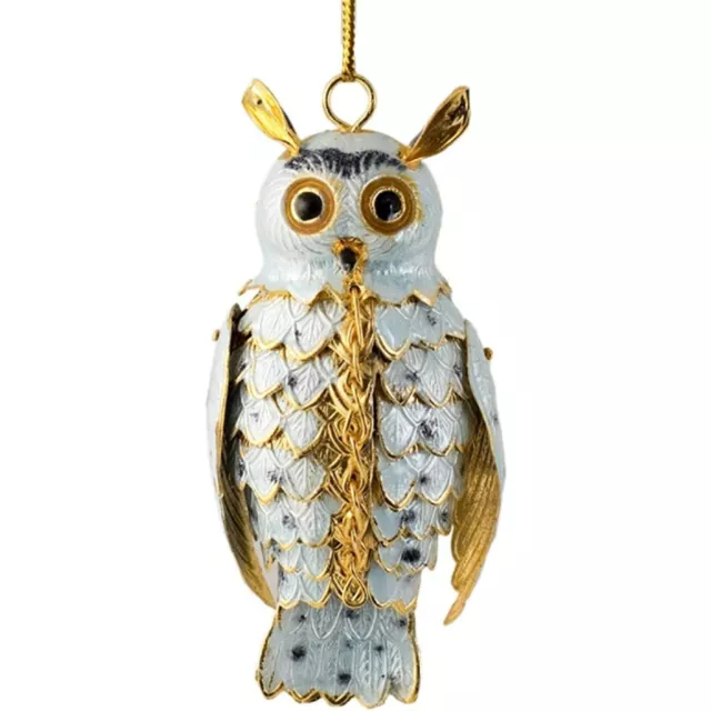 Cloisonne Articulated White Owl Ornament, Enamel on Copper