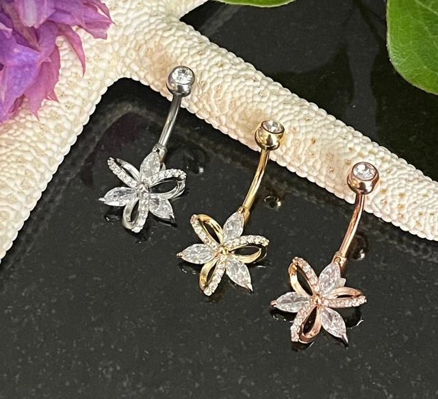 1pc Hollow Paved CZ Gem Flower Belly Button Ring Pierced Navel Gold Plated Naval