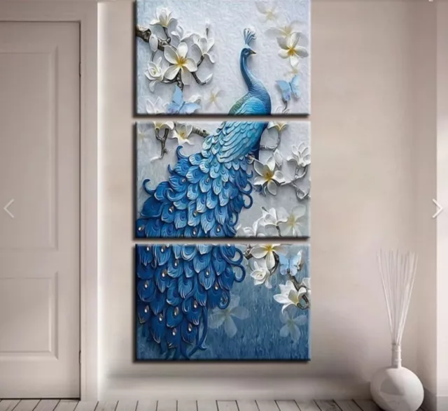 Blue vertical Peacock abstract 3PC Panel framed canvas picture home decor art