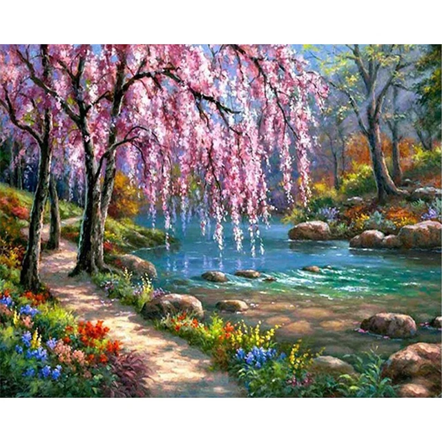 Kit artesanal de pintura al óleo por números árboles con flores de río sin marco para el hogar HY#