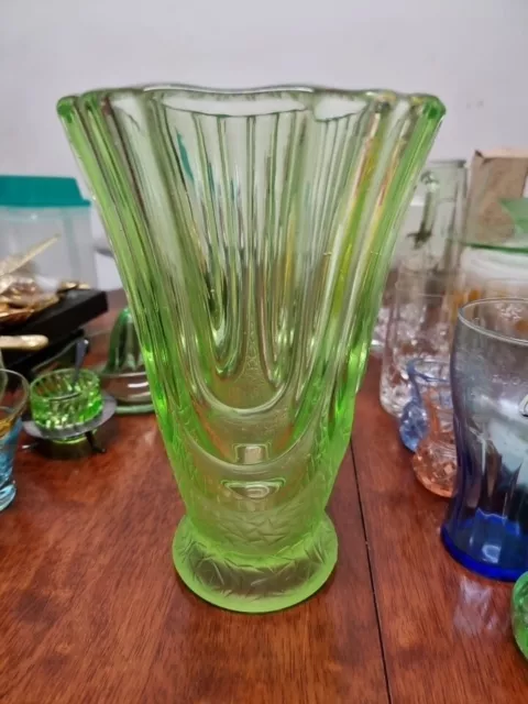 Extremely Rare Large Heavy Green Uranium Glass Luxor Vase August Walther & Sohne