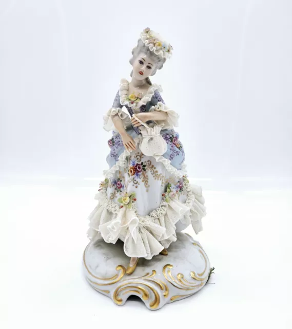 Capodimonte Dresden Lace Victorian Woman Porcelain Figurine 7.5" N Crown Stamp