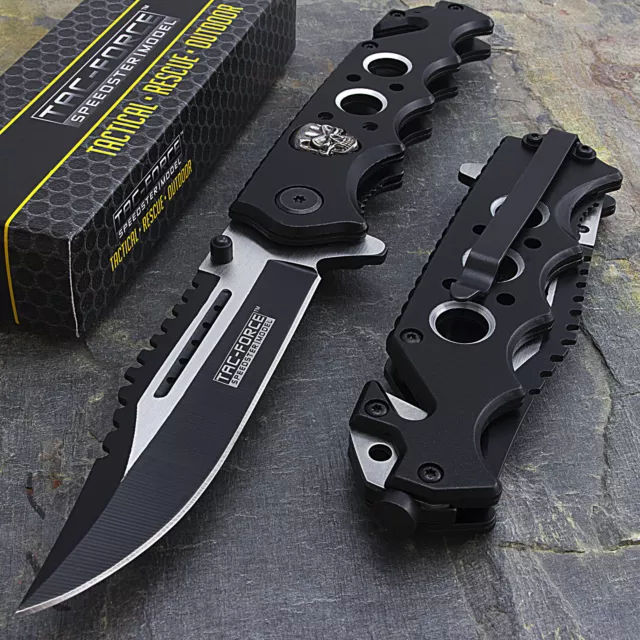 8.25" TAC FORCE SKULLS SPRING ASSISTED TACTICAL FOLDING KNIFE Pocket Blade Open