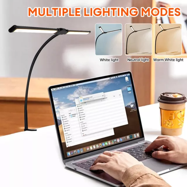 Double Head LED Desk Lamp Clamp Swing Arm Eye-Caring Dimmable 10Brightness Level