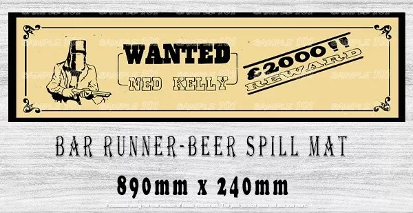 NED KELLY Aussie Beer Spill Mat Bar Runner Man Cave (890mm X 240mm) Pub Rubber