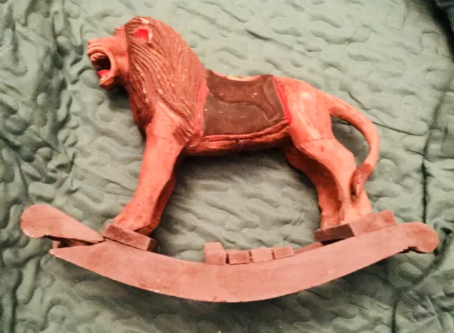 Carved WOODEN LION ROCKING HORSE Aged Vintage As Is