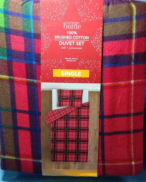 George Home 100% Brushed Cotton Tartan Duvet Set With Pillowcase And Storage Bag