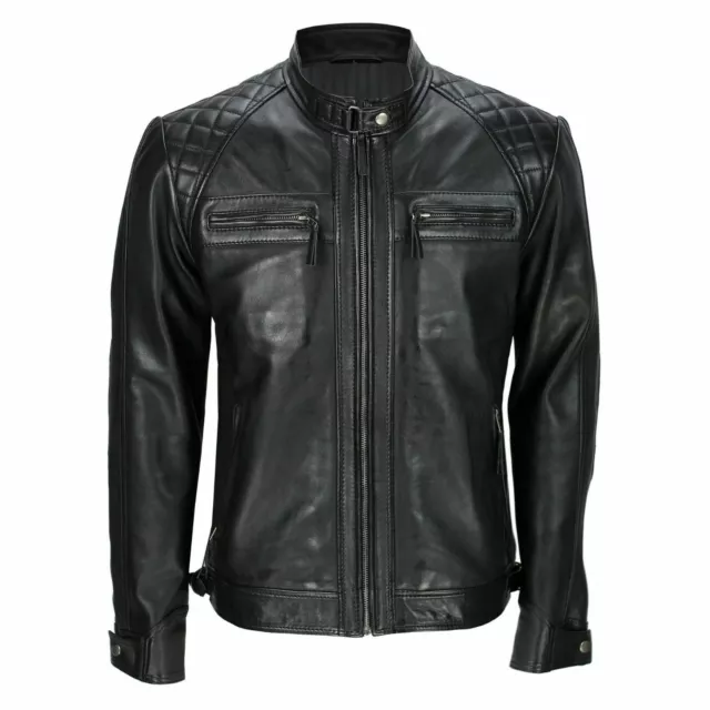 Uomo Nero Trapuntato Dettagli Café Racer Giacca Vera Pelle Moto Biker Giacca
