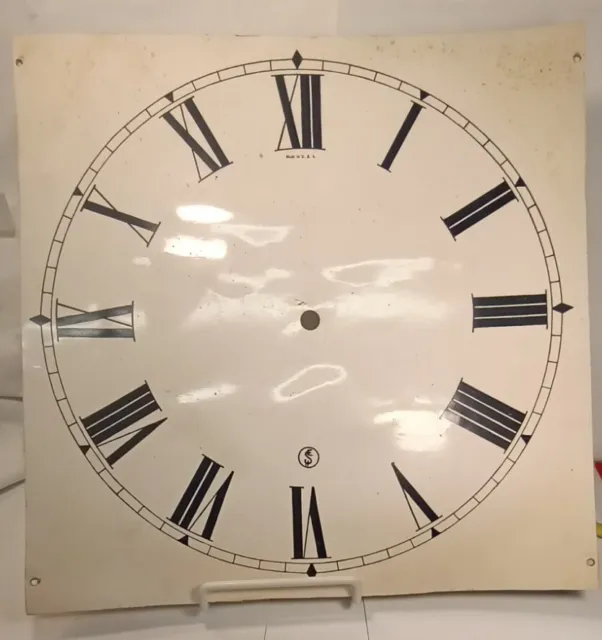 Vintage Metal Clock Face Dial 12" X 12" Metal Roman Numerals White Paper Covered