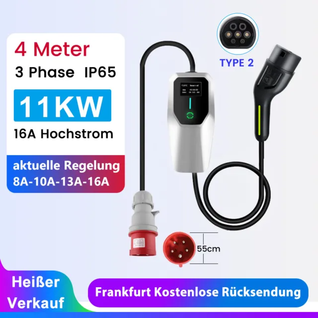 11KW EV CEE Ladegerät Typ 2 16A Ladekabel Elektroauto 3 Phase PHEV Wallbox 4m