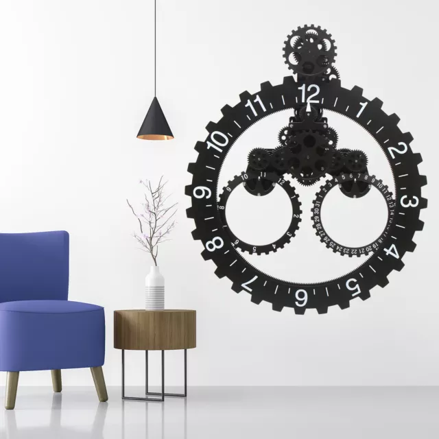 Large Black Metal Gear Wall Clock Mechanical Moving Gear Clock Calendar Wheel