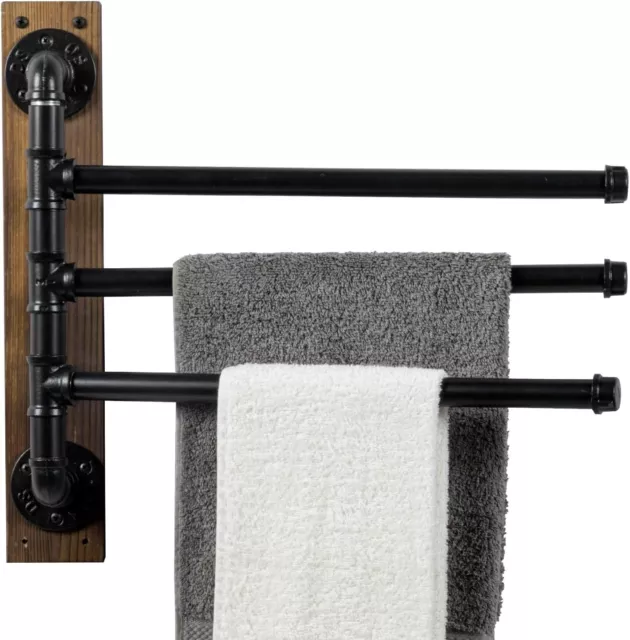 3 Tier Wall Mounted Brown Wood Bathroom Towel Rack with Black Metal Pipe Bars