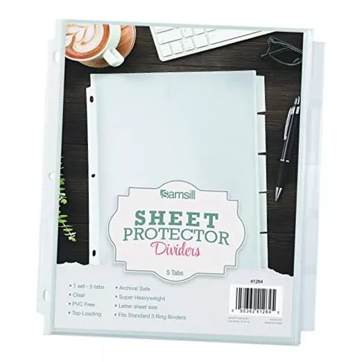 5 Tab Sheet Protector Dividers with Tab Inserts, Clear, 5 Tab Letter Size