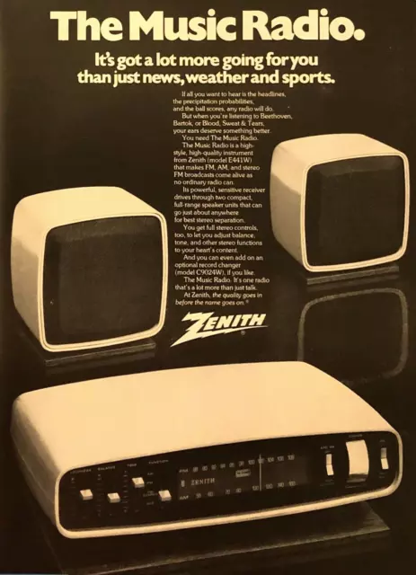 THE ZENITH MUSIC RADIO—MODEL E441W—VINTAGE 1970s MAGAZINE ADVERTISEMENT—PRINT AD