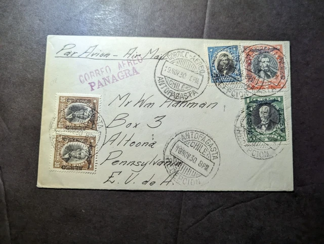 1930 Chile Airmail Overprint Cover Antofagasta to Altoona PA USA