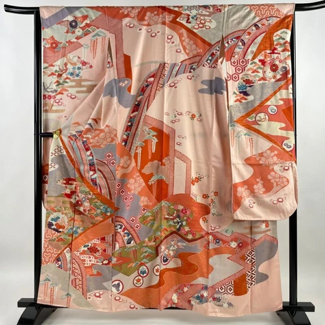 Japanese Kimono Furisode Pure Silk Snow Ring Flower Embroidery Gold Paint Pink