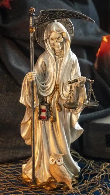 Standing White Santa Muerte With Scythe Scales of Justice And Wise Owl Figurine