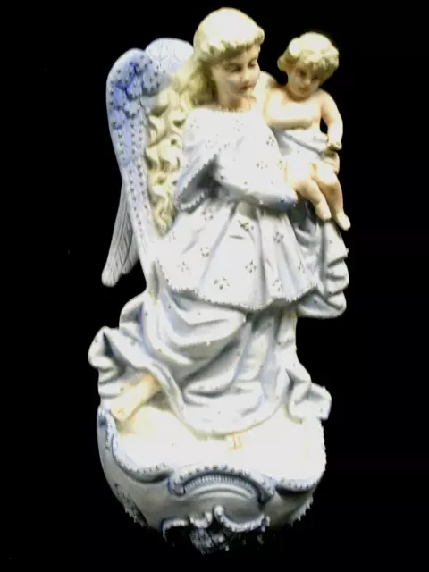 Ancien Grand Benitier Ange Vierge Enfant Biscuit Polychrome Bleu Ciel
