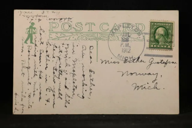 Michigan: Mapleton 1912 Crystal Falls Postcard, DPO Iron Co