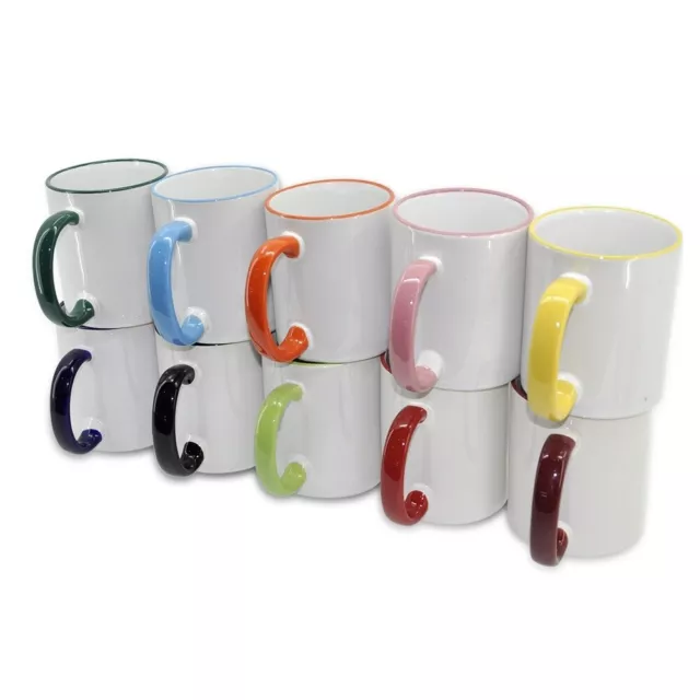 36PCS 11oz Superfine White Ceramic Sublimation Coffee Mugs, Colored Rim & Handle
