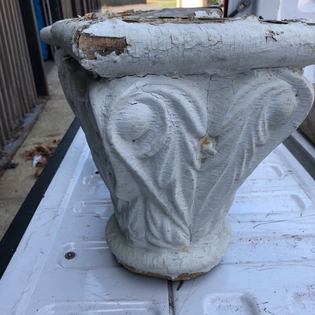 Pretty c1850 vintage hand carved wooden porch capitals 13” h 10.5” sq x 6.5” dia 6