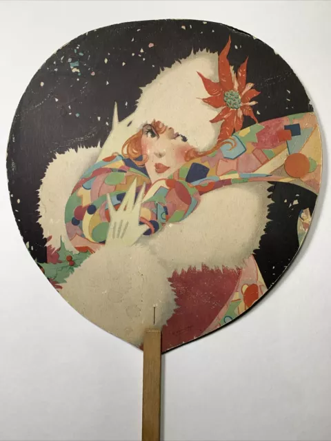 Advertising Fan Sign Pretty Flapper Girl Swiss Garden Dining Cincinnati Ohio 20s