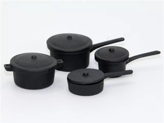 Set Of 4 Black Metal Saucepans Tumdee 1:12 Scale Dolls House Miniature Kitchen w