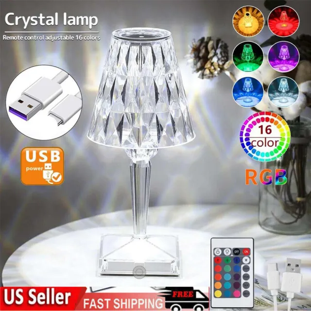 LED Crystal Table Lamp Diamond Rose Bar Night Light Touch Atmosphere Bedside USB