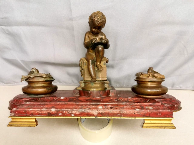 ancien Encrier en Bronze signé LEMIRE SUSSE FRERES et Marbre . Cherubin Amour