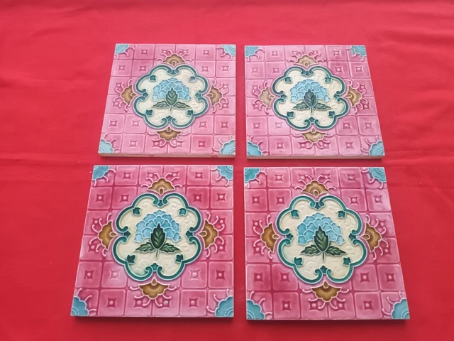 4 Piece Art Deco Floral Embossed Design Majolica Ceramic Tiles Japan 0287 5