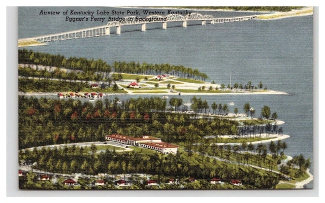 Postcard Linen KY Lake State Park Eggners Ferry Bridge Aerial View Kentucky