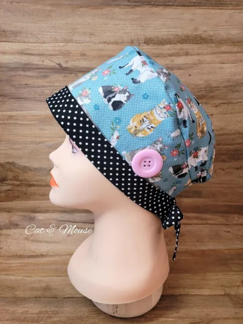 Cat and Mouse ~ Women Lined Tieback Cotton Surgical Scrub Cap with Buttons