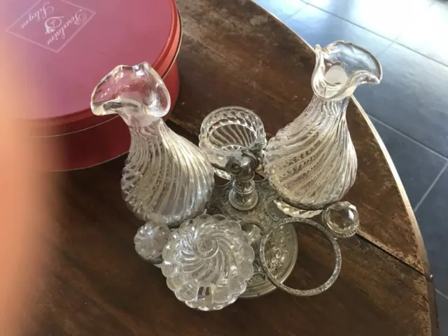 Ancien Service Vinaigre Salière Poivrière Moutarde Argenté Cristal Verre Ancien