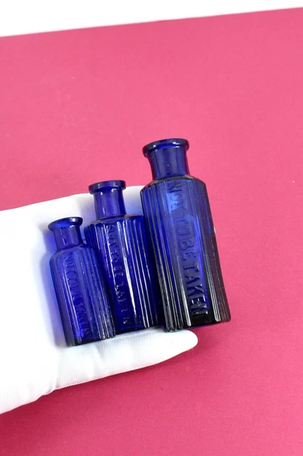 VINTAGE 2oz, 1/2 oz & 2 DRAM NOT TO BE TAKEN COBALT BLUE CHEMIST POISON BOTTLES