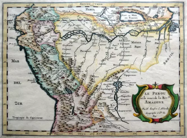 PERU LE PEROU AMAZON RIVER VON NICOLAS SANSON c1682 ECHTE ANTIKE GRAVIERTE KARTE