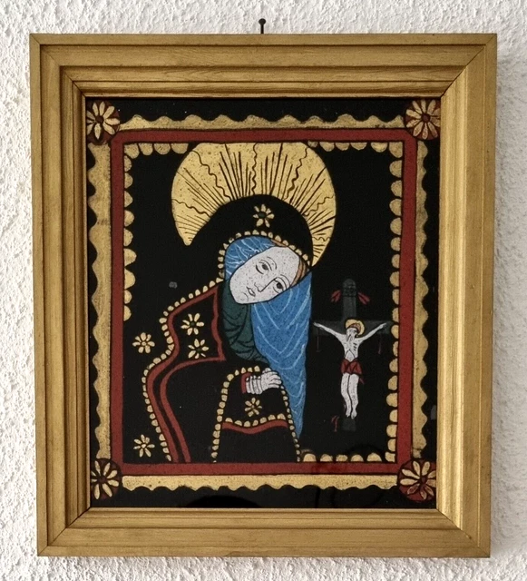 sehr schöne Hinterglasmalerei "Maria mit gekreuzigtem Jesus" im Holzrahmen