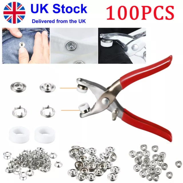 UK~100PCS Prong Pliers Ring Press Studs Snap Popper Fasteners 9.5mm DIY Tool Kit