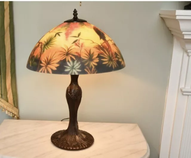 Arts Crafts Mission Reverse Painted Antique Lamp Handel STYLE Jungle Birds