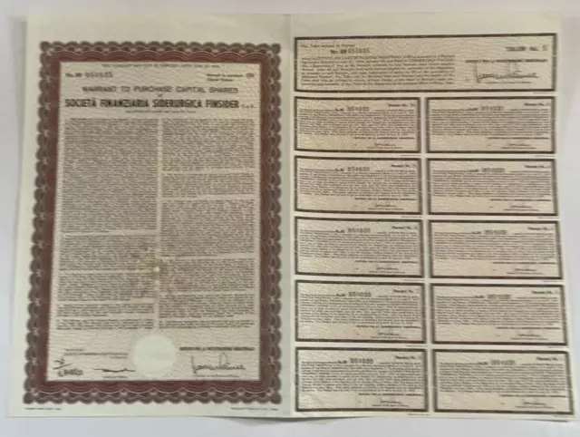 ITALY Societa Finanziaria Siderurgica Finsider 1964 Share Bond Stock Certificate