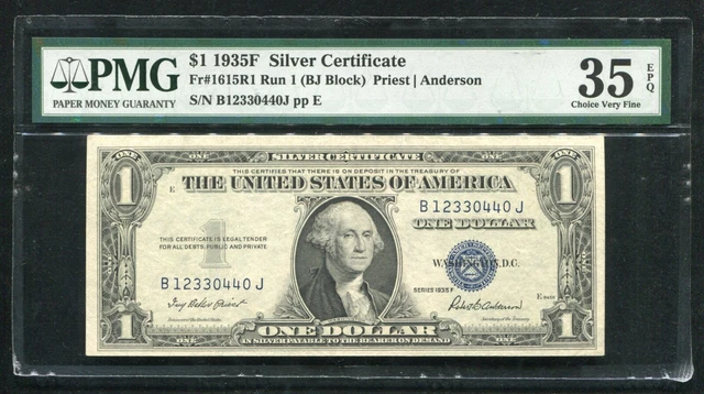 Fr.1615R1 Run 1 “B-J Block” 1935-F $1 One Dollar Silver Certificate Pmg Vf-35Epq