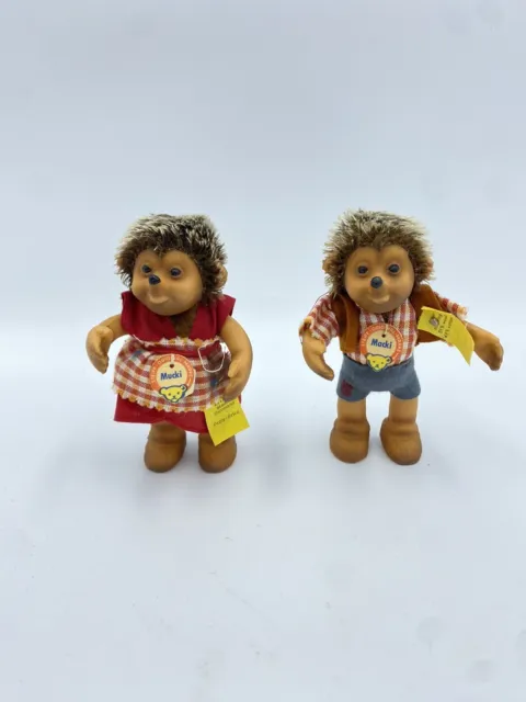 VINTAGE Steiff Macki 5" and Mucki 5" German Hedgehog Mecki Doll 1950s w/tags